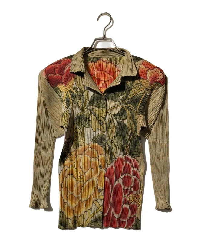 [Pre-owned] PLEATS PLEASE Peony Botanical Flower Painting Shirt Jacket PP84-JK724 Denim Fabric Leather Fabric Suede Fabric
