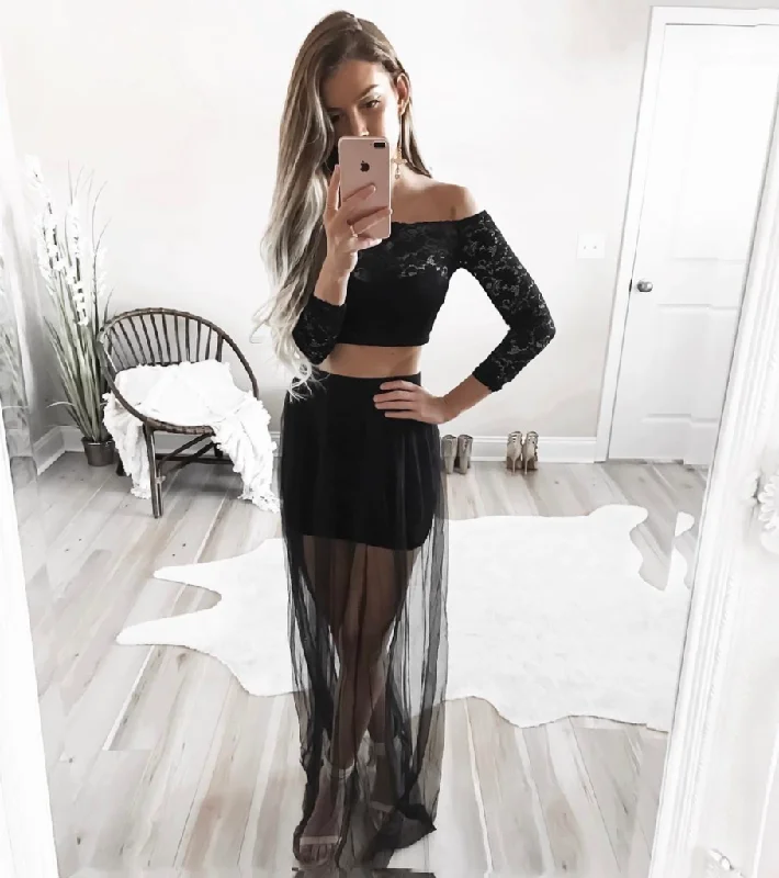 Off Shoulder Prom Dress, Long Sleeve Prom Dress, Tulle Prom Dress, Two Pieces Prom Dress, Lace Prom Dress, LB0865 Boat Neckline Classic