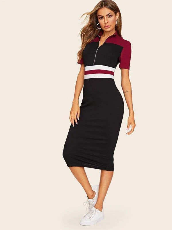 Cut-and-sew Half Placket Sweatshirt Dress Hoodie with Raglan Sleeves Sporty Comfortable