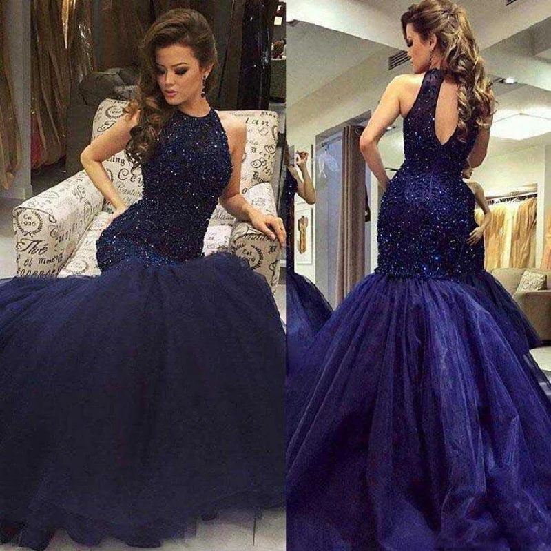 Navy Halter Mermaid Evening Prom Dresses, Long Open Back Evening Prom Dress, Beaded Prom Dress, Party Prom Dress, Formal Prom Dress, 17021 Tunics Recommended stylist