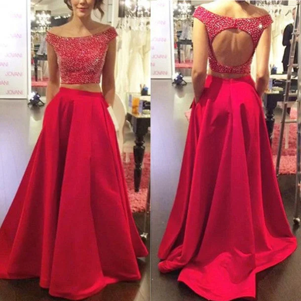Two Pieces Backless Red Long Prom Dresses, Sexy Evening Prom Dress, Beaded Evening Prom Dress, Dresses For Prom, Custom Prom Dresses 2017, 17011 Tunics Winter warm