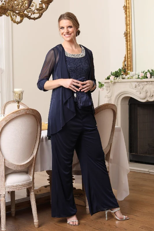 R&M Richards Women's Beaded Neck 3 Piece Long Pant Set Lightweight Jogger Pants