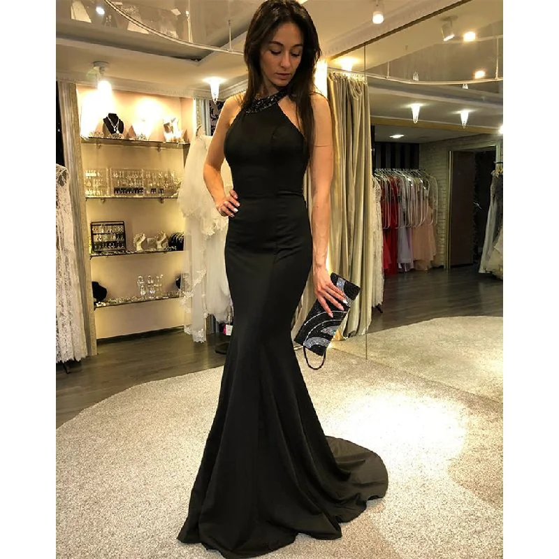 Black Charming Jersey Prom Dresses, Backless Mermaid Beaded Prom Dresses, KX768 Square Neckline Feminine