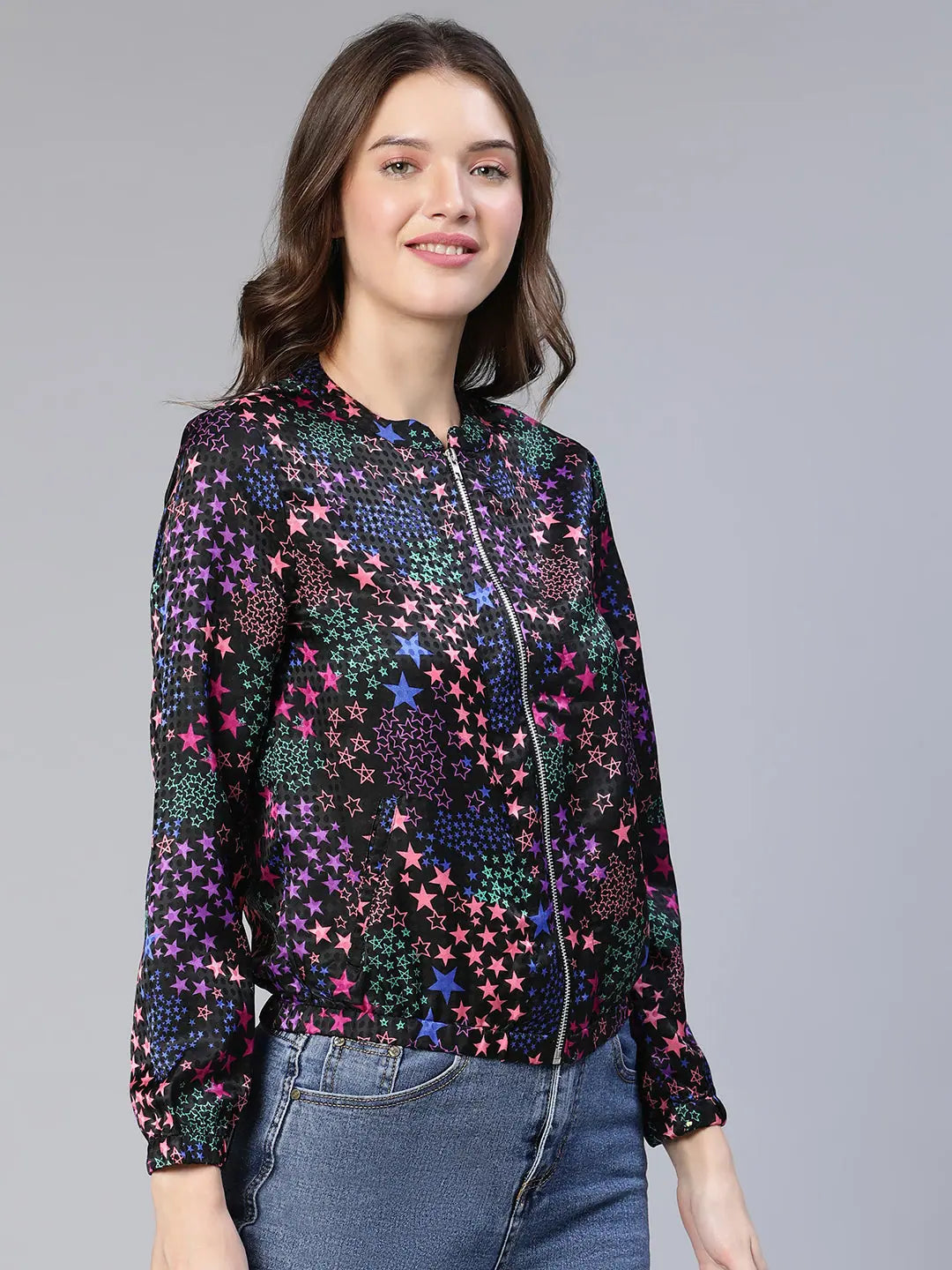Women Printed Standard Black Round Neck Full Sleeve Jacket Ribbed Jacket Pleated Jacket Ruffled Jacket