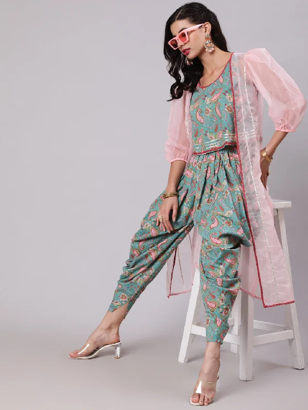 Women's Light Blue & Pink Floral Printed Top & Dhoti With Organza Jacket Set - Aks Notch Collar Jacket Peter Pan Collar Jacket Cowl Neck Jacket