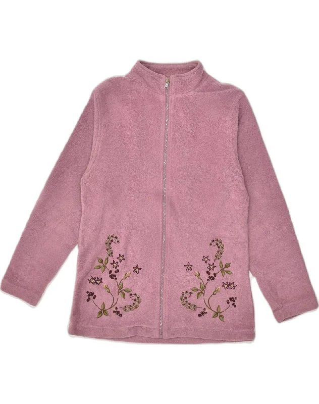 VINTAGE Womens Loose Fit Fleece Jacket UK 8 Small Purple Floral Polyester Stand-Up Collar Roll-Neck Collar Turtle Neck