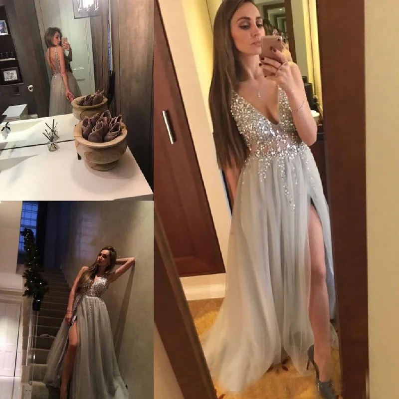 Sexy V-Neck Backless Prom Dress, Tulle Beaded A-Line Prom Dress, slit Prom Dress, KX289-1 Tunics Chinos classic