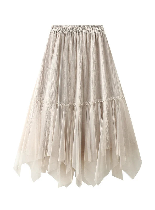 Elastic Waist Beaded Solid Color Long Mesh Skirt chiffon skirt floaty