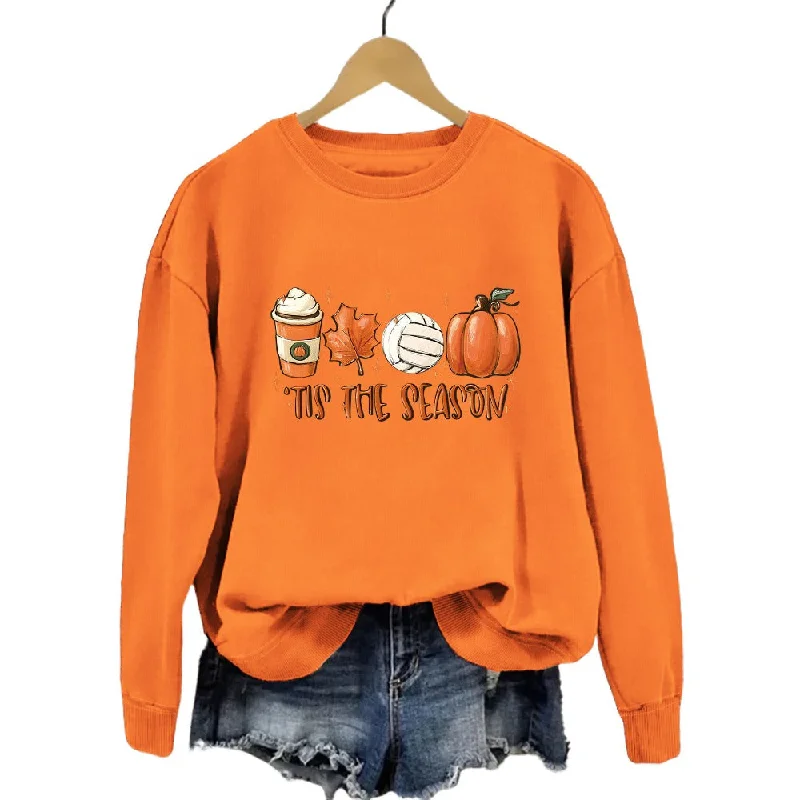 Wholesale Thanksgiving Pumpkin Volleyball Coffee Maple Leaf Print Round Neck Autumn Cotton Sweatshirt Graphic Hoodie Design Print