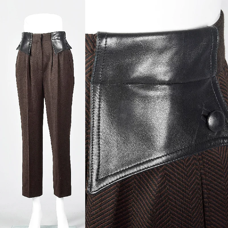 1980 Brown and Black Herringbone Pants with Leather Trim Soft Cotton Pants