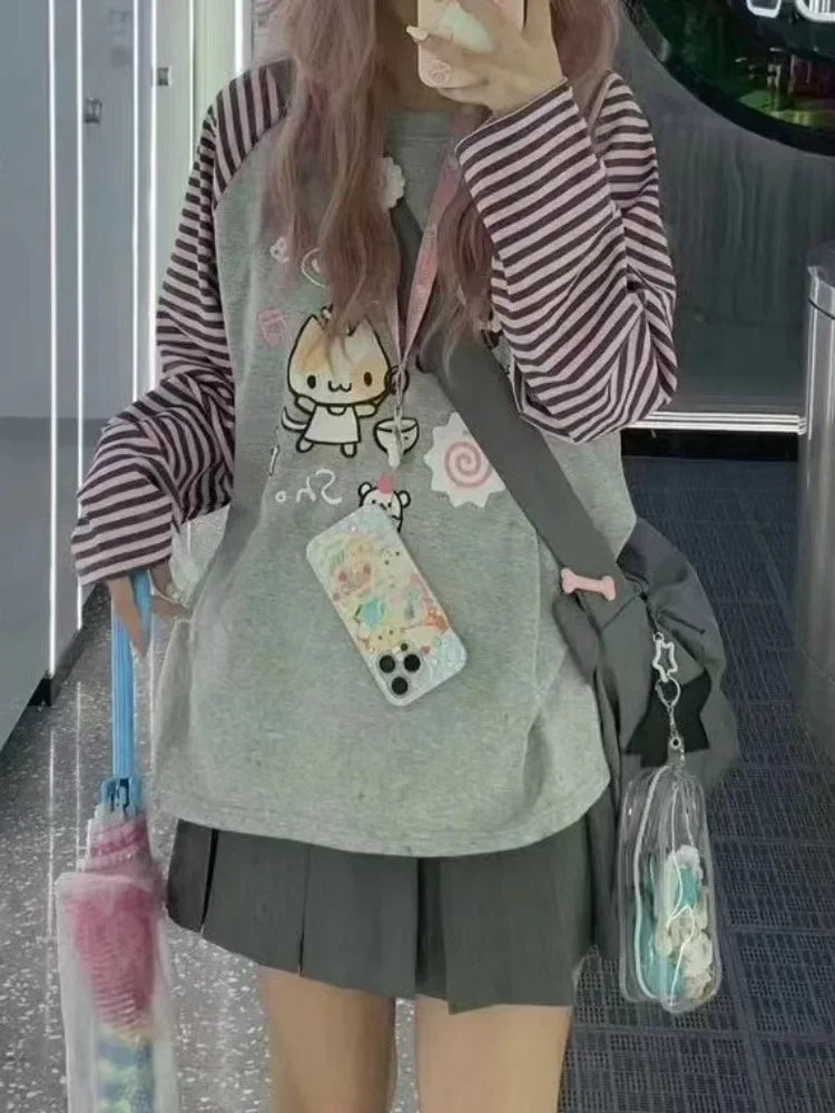 Advbridge Y2k Harajuku Kawaii Striped Hoodie Women Japanese Fashion Patchwork Cartoon Print Sweatshirt Female Autumn Hoodie with Illustration Artistic Creative Advbridge Y2k Harajuku Kawaii Striped Hoodie Women Japanese Fashion Patchwork Cartoon Print Sweatshirt Female Autumn Hoodie with Illustration Artistic Creative