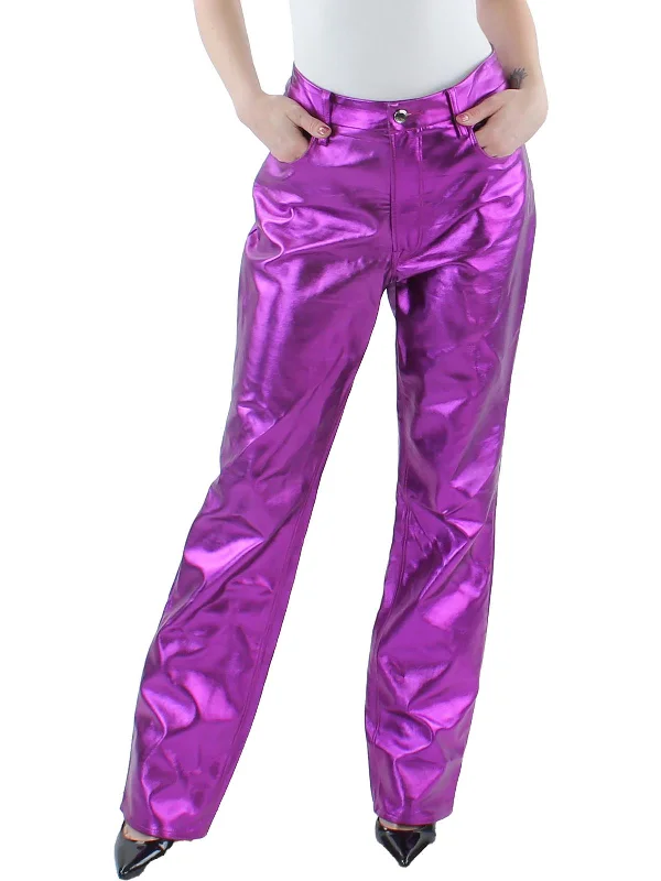 Womens Faux Leather Metallic Straight Leg Pants Casual Track Pants