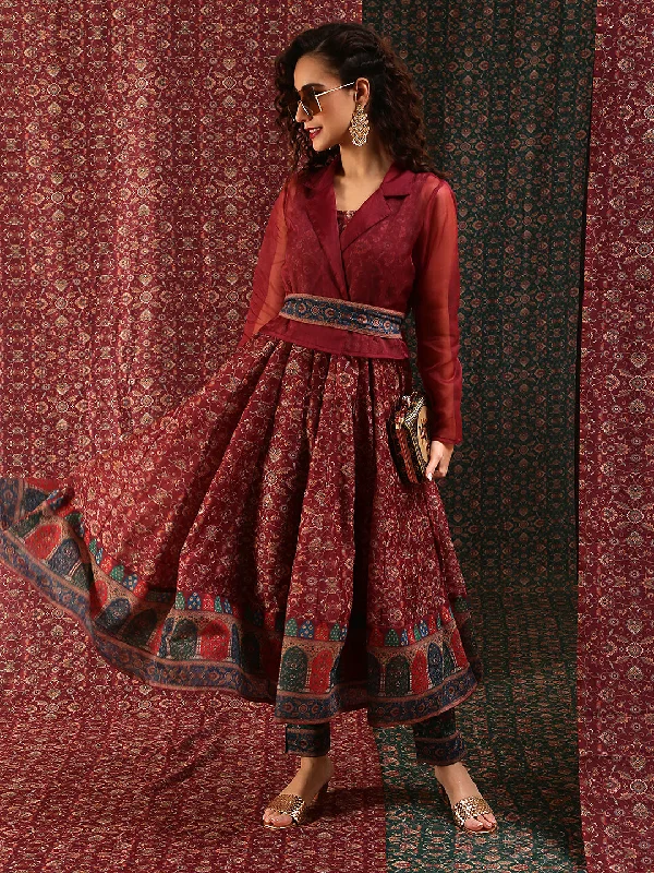 Women's Burgundy Print Anarkali With Jacket - Aks A-Line Jacket Boat Neck Shawl Collar