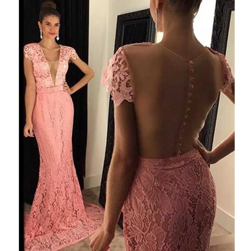 Cap Sleeve Peach Lace Mermaid Evening Prom Dresses, 2017 Sexy See Through Prom Dress, Custom Long Prom Dress, Cheap Party Prom Dress, Formal Prom Dress, 17039 Tunics Practical easy-care