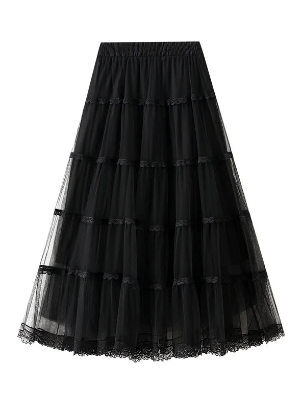 High Waist Mesh Stitching Lace Skirt belted skirt waist