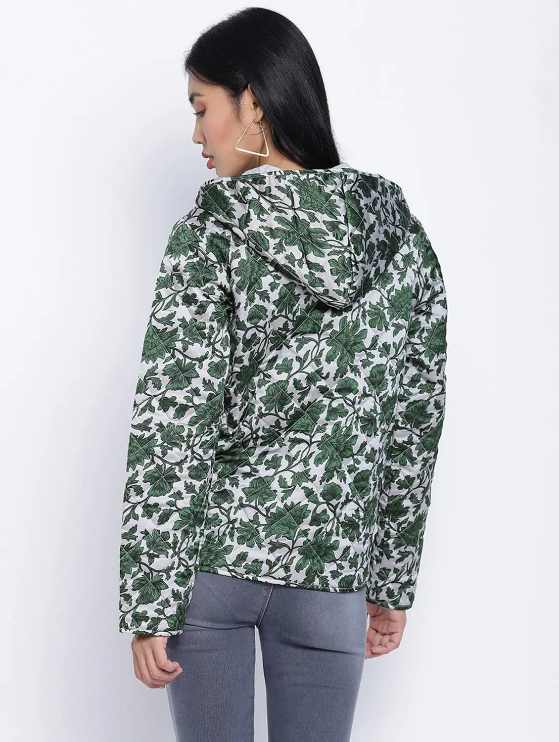 Women Printed Green Collared Neck Full Sleeve Jacket Cotton Jacket Linen Jacket Terry Jacket