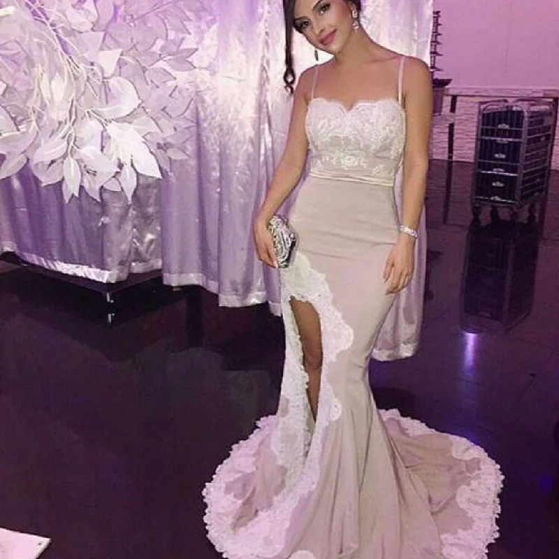 Sexy Slit Lace Mermaid Evening Prom Dresses, 2017 Long Party Prom Dress, Custom Long Prom Dresses, Cheap Formal Prom Dresses, 17077 Tunics Mesh breathable