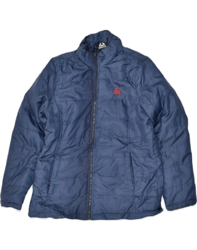 REEBOK Womens Padded Jacket UK 14 Large Navy Blue Polyester Denim Jacket Leather Jacket Suede Jacket