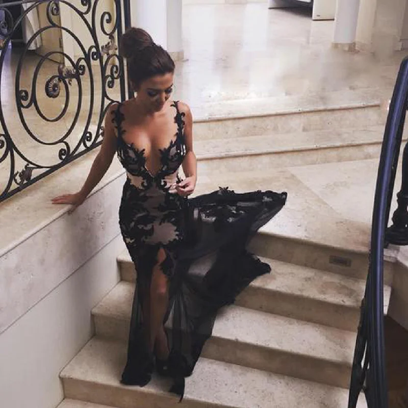 Sexy V-Neck Lace Prom Dress, Applique Tulle Backless Prom Dress, Mermaid Prom Dress, KX204 Tunics Evening elegant