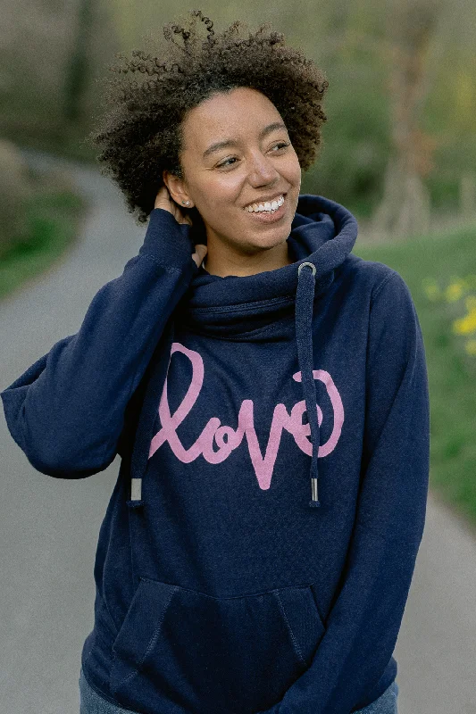 Navy Love Me Cowl Neck Hoodie Hoodie with Elastic Waist Stretchable Comfortable