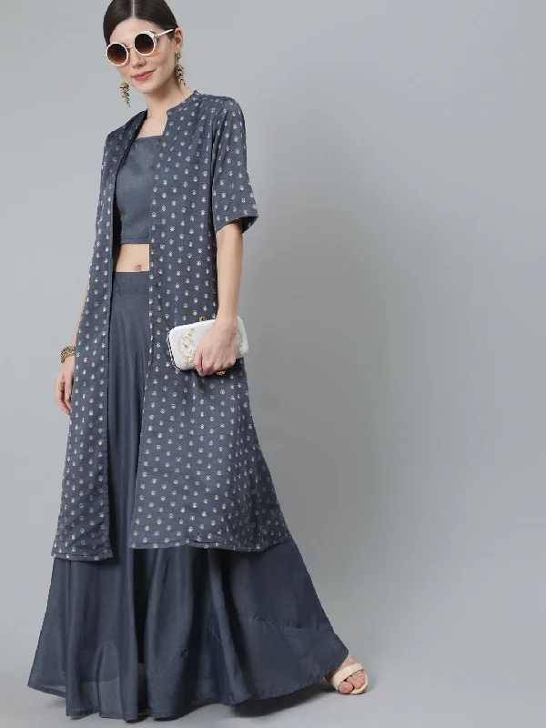 Women's Grey Woven Designed Co Ord Set With Jacket - Aks V-Neck Jacket Boat Neck Jacket Square Neck Jacket