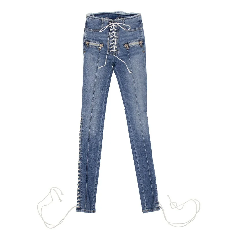 Unravel Project Denim Cotton Lace Up Skinny Jeans Pants - Blue Formal Wide-Leg Pants