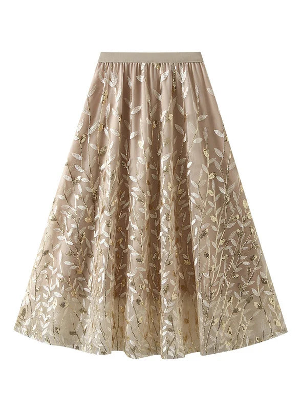 Sparkling Sequined Leaf Gauze Skirt relaxed fit skirt