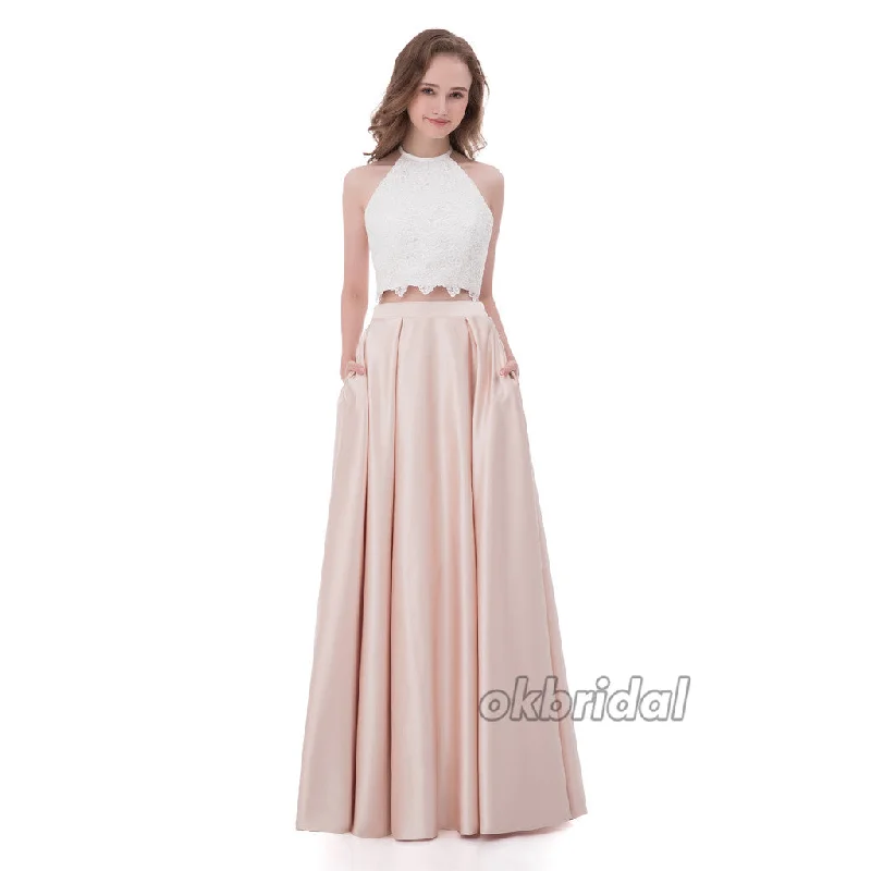 Long Lace Prom Dress, Satin Prom Dress,  Two Pieces Prom Dress, Sleeveless Prom Dress, LB0863 Crew Neckline Casual