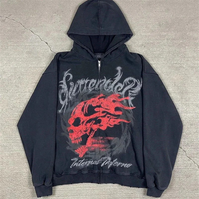 Advbridge Y2k Women's Long Sleeved Hoodie Oversize Streetwear Sweatshirt Dark Hip Hop Punk Pattern Printed Vintage Harajuku Trendy Wear Hoodie with Hem Embroidery Detailed Premium