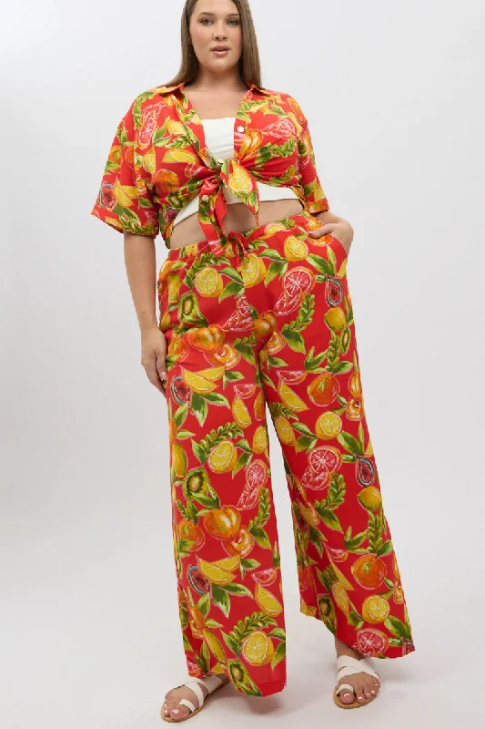 Red Abstract Elastic Waist Wide Leg Pants Trendy Wide-Legged Trousers
