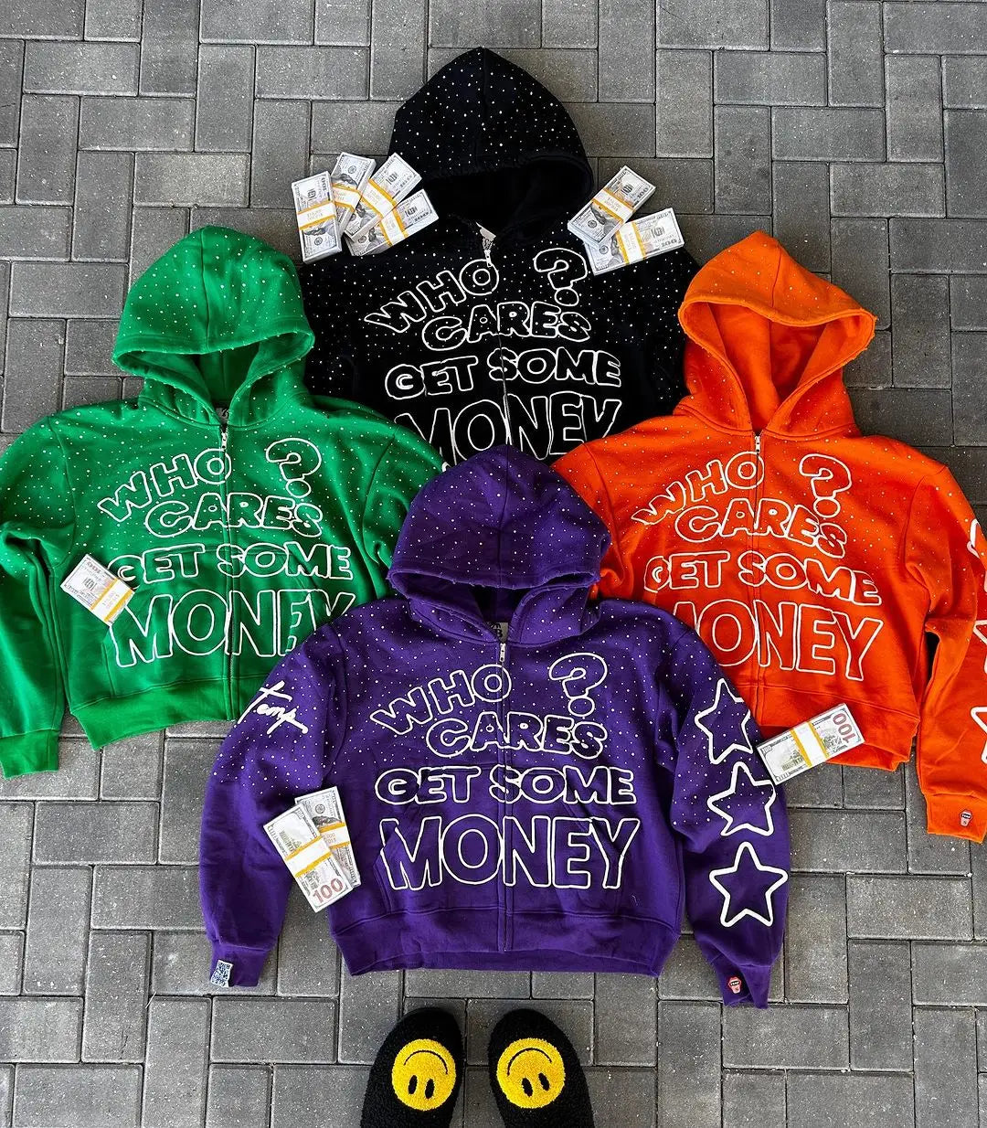 Advbridge Who Cares Get Some Money Applique Printed Zip Hoodie Womens Graphic Sweatshirt Retro Streetwear Casual Hooded Printed Sweatshirt Hoodie with Button Placket Classic Preppy