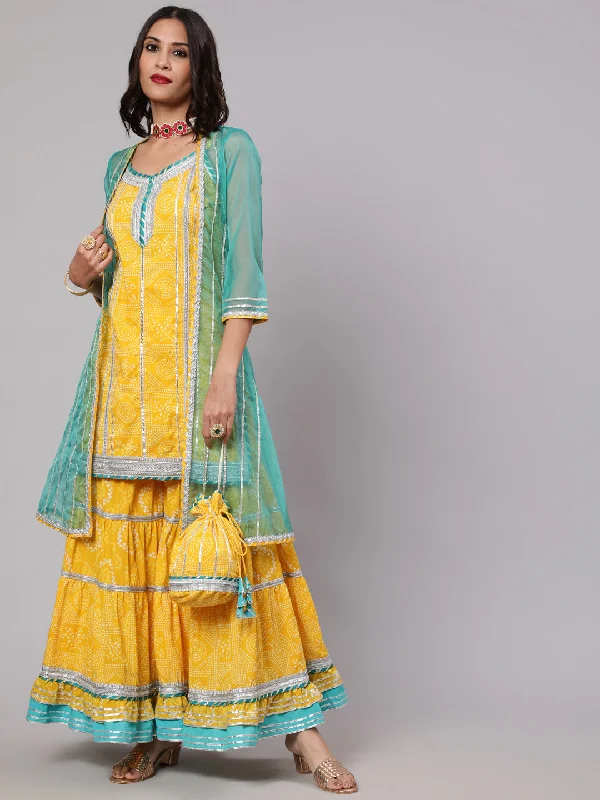 Women's Yellow & Blue Bandhani Printed Kurta Sharara With Organza Jacket & Potali Bag - Aks Jersey Jacket Tulle Jacket Batik Jacket
