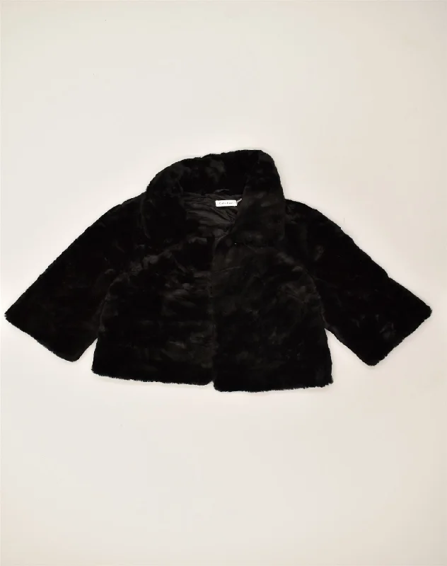 CALVIN KLEIN Womens Faux Fur Jacket UK 12 Medium Black Acrylic Welt Pockets Slit Pockets Flap Pockets