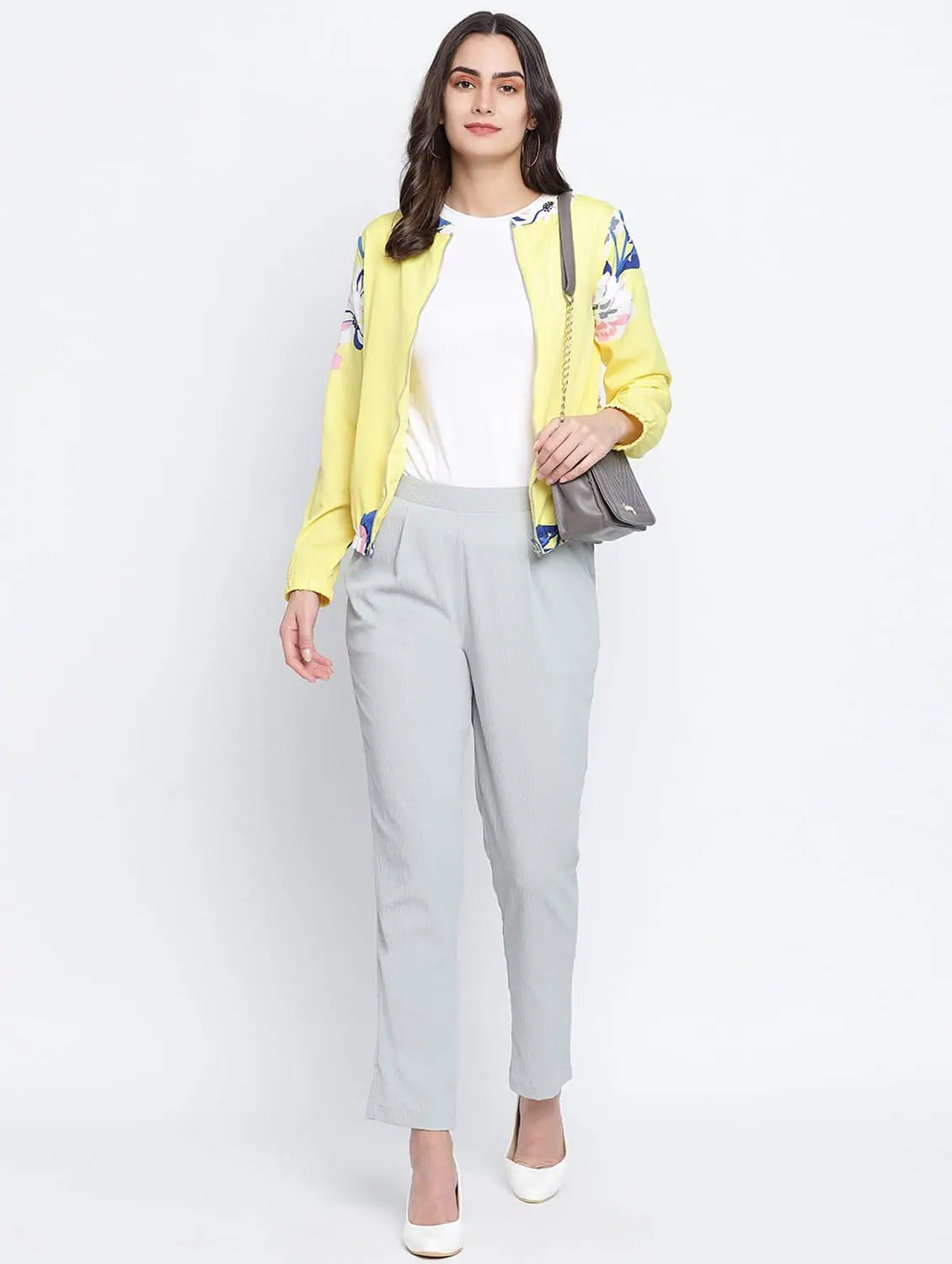 Women Printed Yellow Collared Neck Full Sleeve Jacket Welt Pockets Slit Pockets Flap Pockets