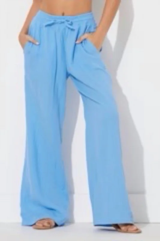 Gauze Wide Leg Pant In Blue Relaxed Casual Leggings