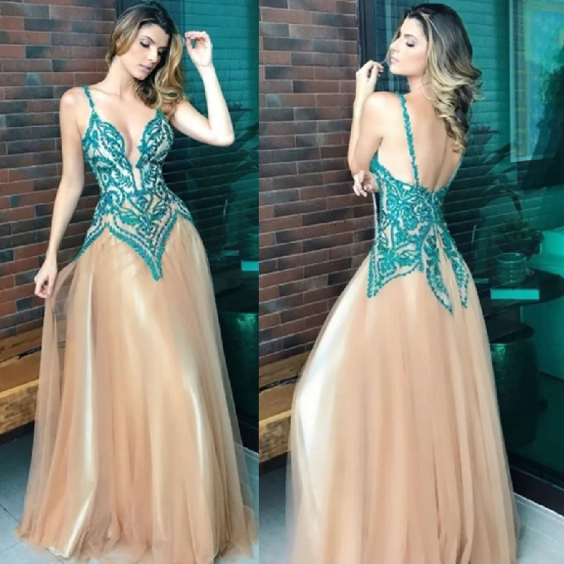 Tulle Spaghetti Straps Prom Dress, Applique Backless Prom Dress, A-Line Prom Dress, KX156 Tunics Wedding white