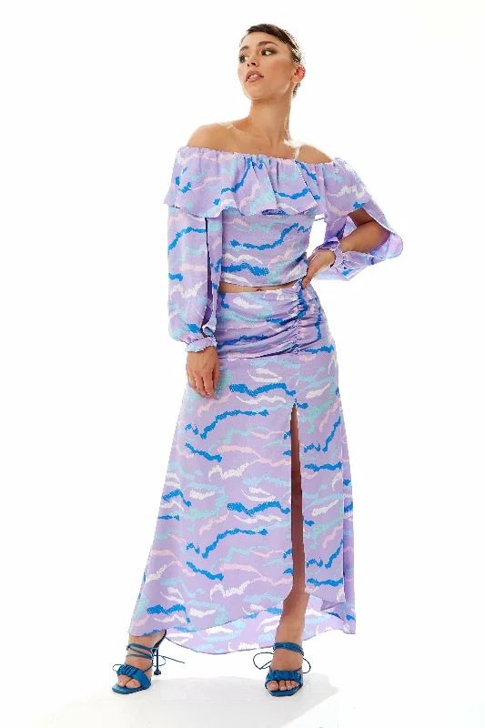 Liquorish Abstract Print Gathered Front Maxi Skirt velvet skirt glossy