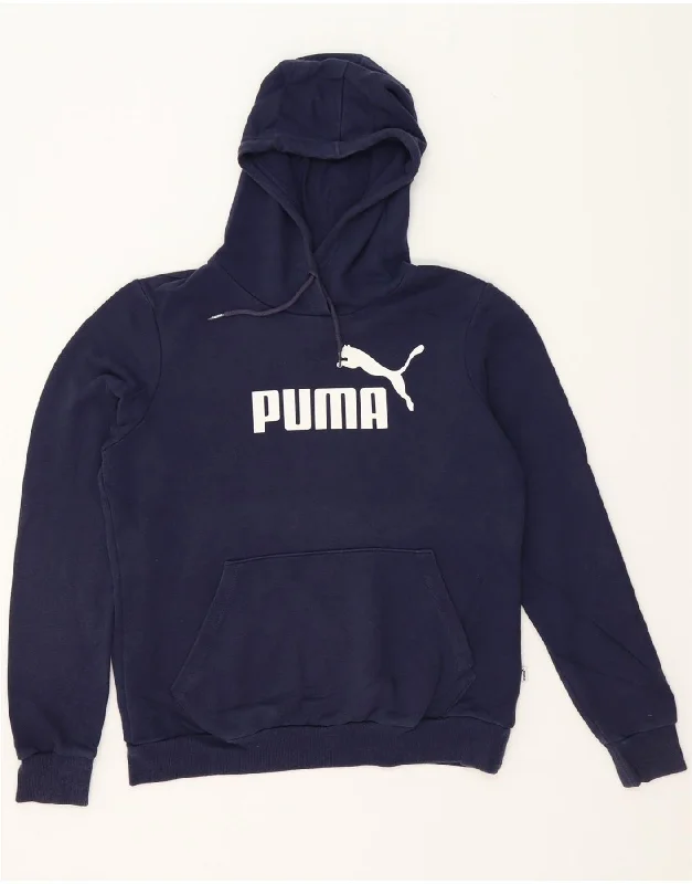 PUMA Womens Graphic Hoodie Jumper UK 14 Large Navy Blue Cotton Hoodie with Hem Lace Feminine Delicate