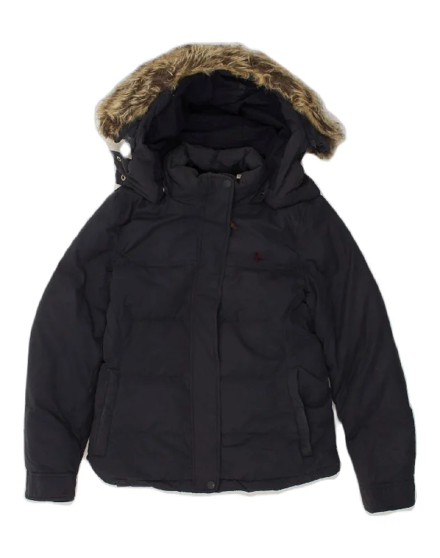 JACK WILLS Womens Hooded Padded Jacket UK 8 Small  Navy Blue Polyester Faux Fur Jacket Real Fur Jacket Shearling Jacket
