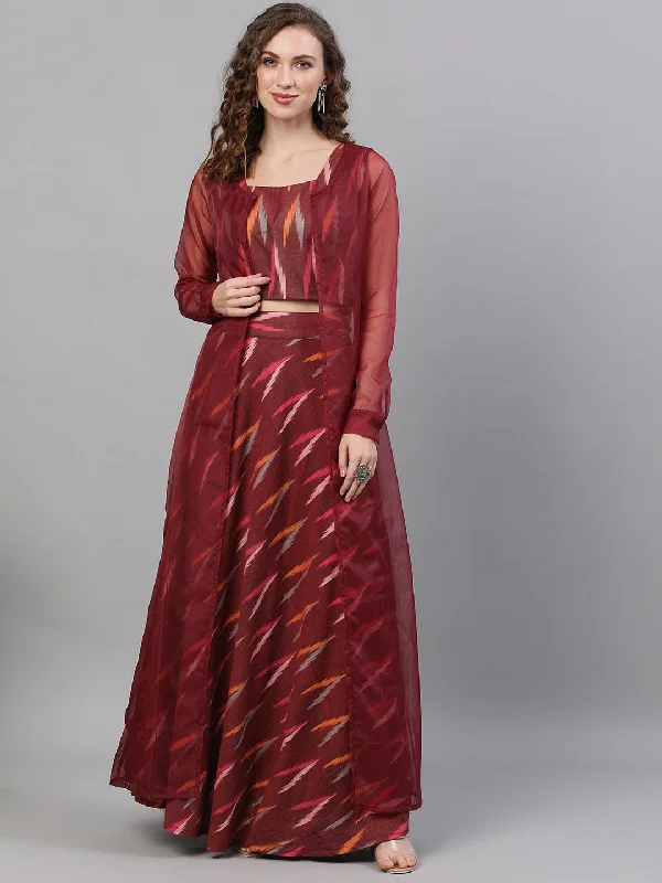 Women's Maroon Ikat Lehenga Choli With Jacket - Aks Jersey Jacket Tulle Jacket Batik Jacket