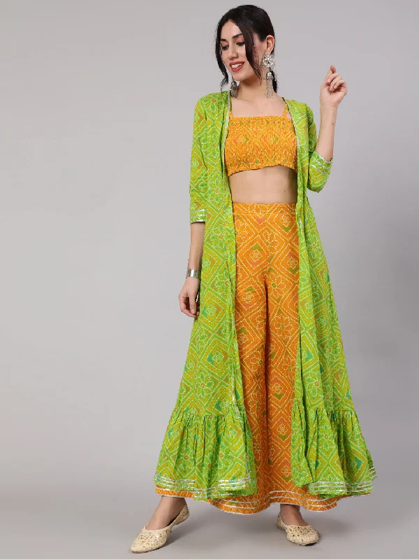Women's Parrot Green & Mustard Bandhani Printed  Croptop & Flared Palazzo With Jacket Set - Aks Tailored Jacket Straight Jacket A-Line Jacket