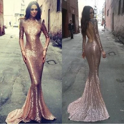 Sequin Long Sleeve Evening Prom Dresses, Gold Sequin prom dress, mermaid prom dresses, Evening Party Prom dresses, prom dresses 2017, 17013 Tunics Vintage classic
