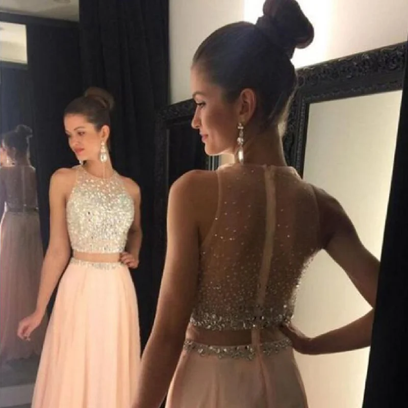Sexy Two Pieces Long A-Line Chiffon Beaded Tulle Prom Dresses, KX126 Tunics Handmade artisanal