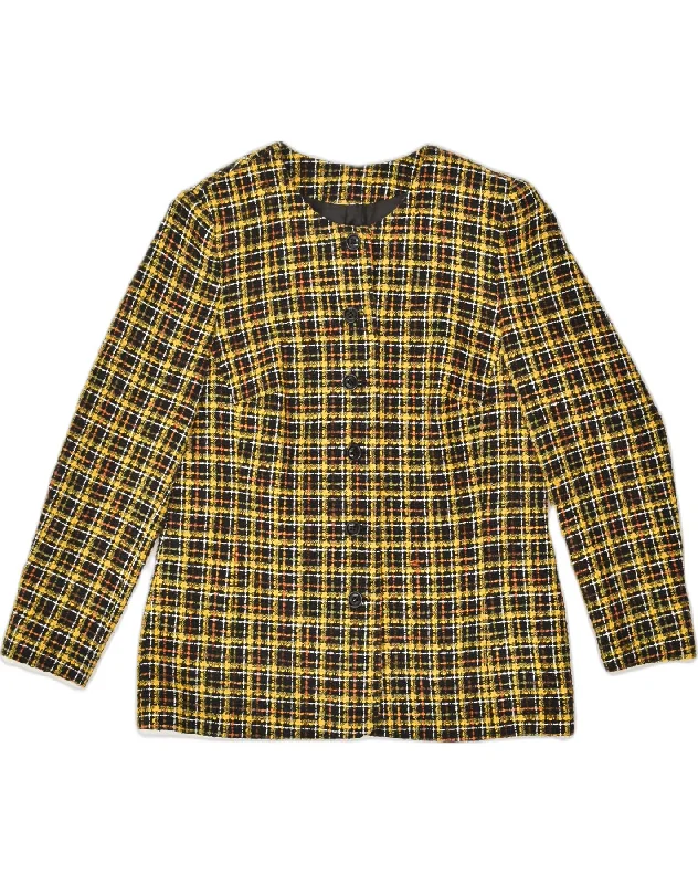 VINTAGE Womens 6 Button Blazer Jacket UK 16 Large Yellow Check Fleece Jacket Down Jacket Feather Jacket