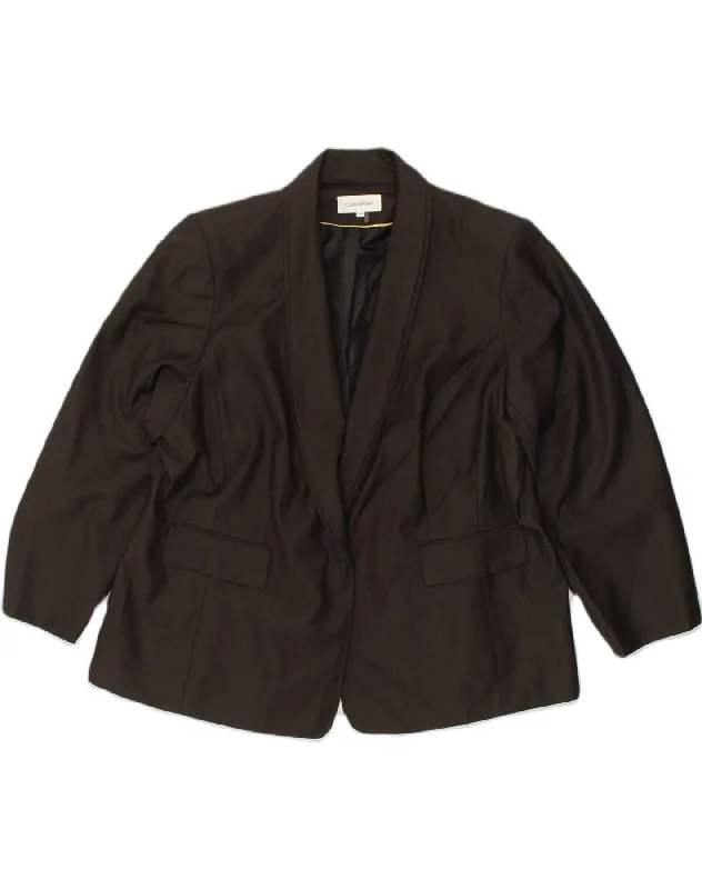CALVIN KLEIN Womens 1 Button Blazer Jacket UK 24 4XL Brown Polyester A-Line Jacket Boat Neck Shawl Collar