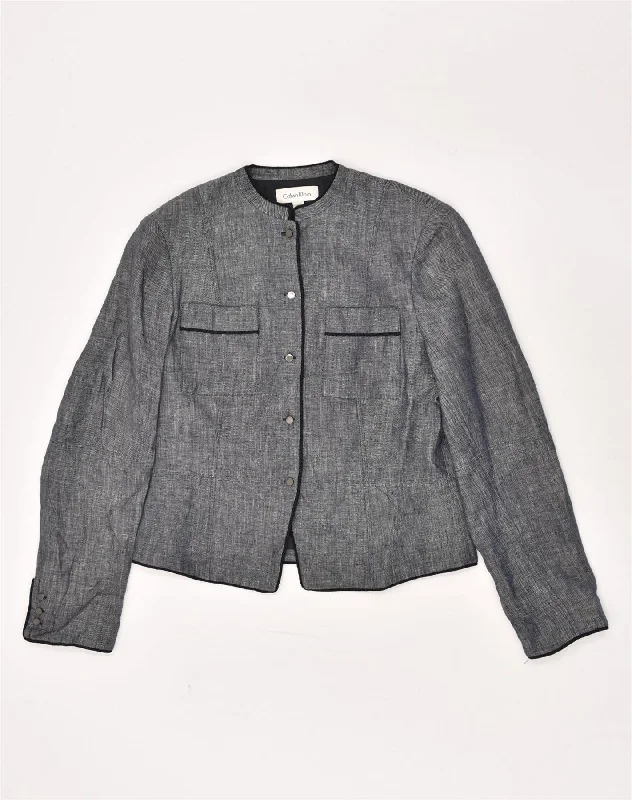CALVIN KLEIN Womens 5 Button Blazer Jacket US 12 Large Grey Linen Nylon Jacket Polyester Jacket Spandex Jacket
