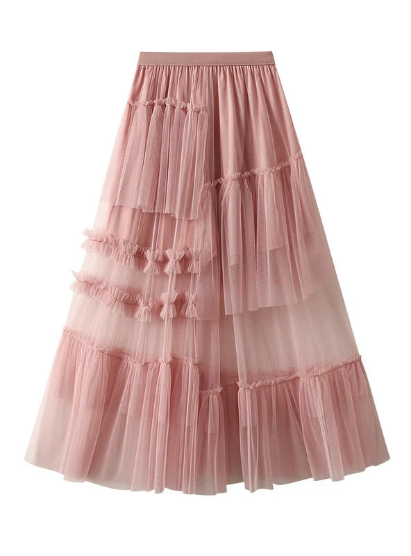 Irregular Gauze Skirt Cake Skirt button skirt front