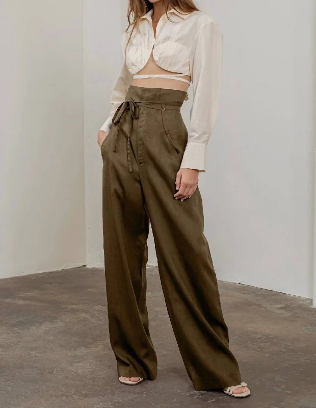 High Rise Waist Tie Wide Leg Pants In Mocha Cozy Knit Pants