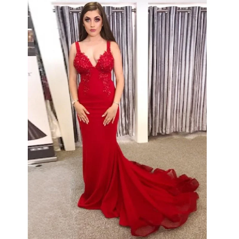 Charming Red Mermaid Prom Dresses, Organza Backless Applique Prom Dresses, KX508 Tunics Corduroy durable