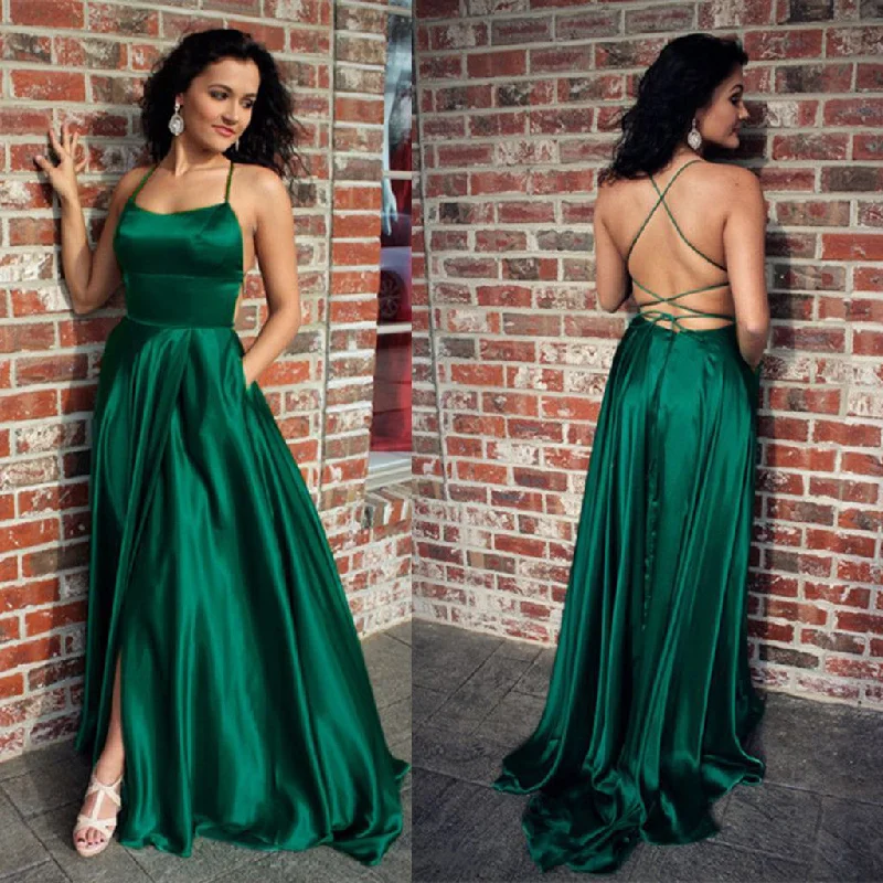 Sexy Spaghetti Straps Backless Prom Dress, Satin Slit Cheap Prom Dress, KX173 Tunics Office stylish